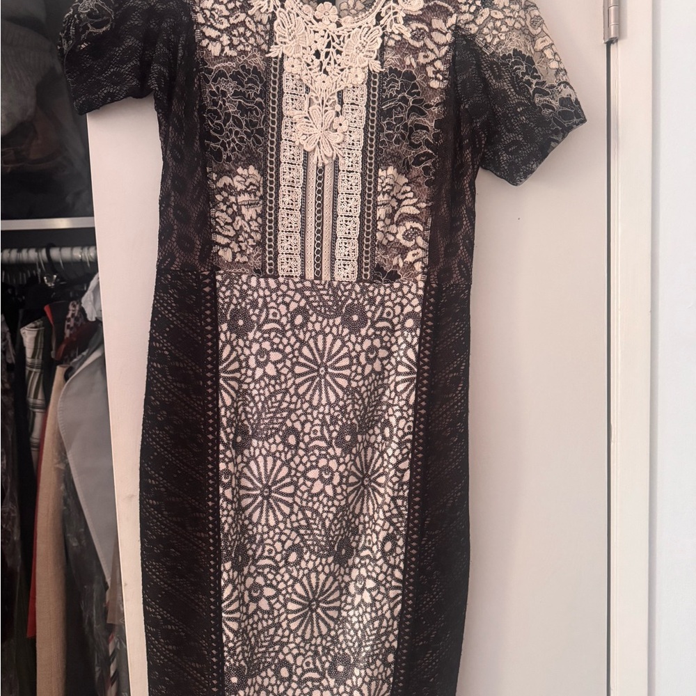 Byron Lars Black and Cream Sheath Midi Dress with Lace Overlay